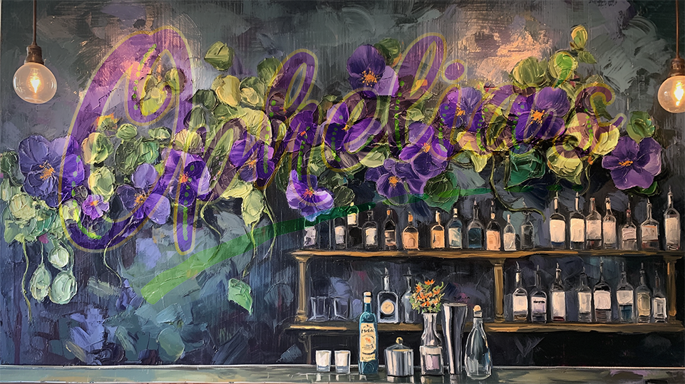 Painting of a bar with bottles on shelves and the word Ophelia's on wall