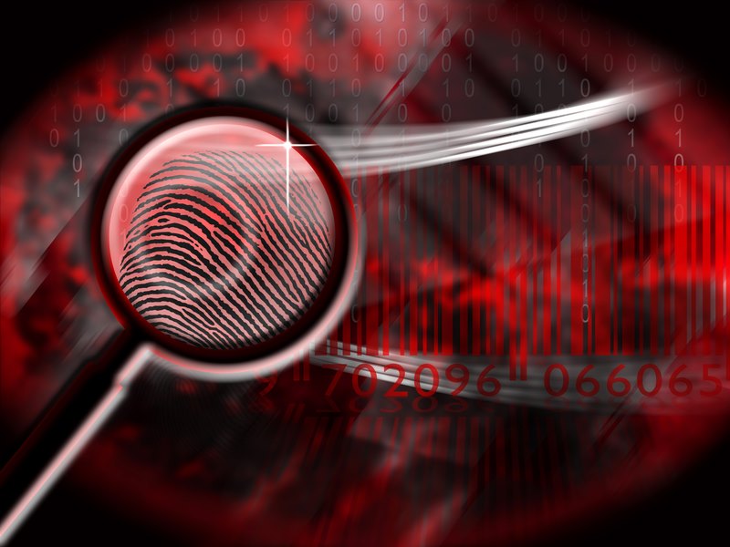 Magnifying glass with finger print on red background with bar code and 1s and 0s