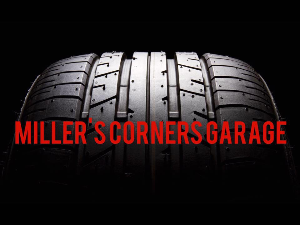 Millers Corner Garage text over dramatically lit tire tread