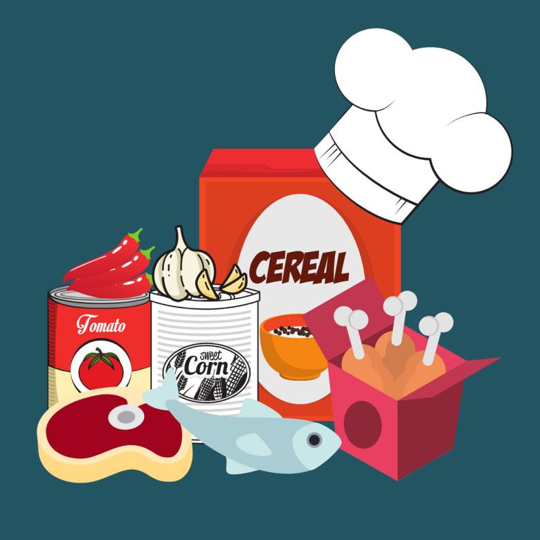 Illustration of groceries, a cereal box in the back wearing a chefs hat