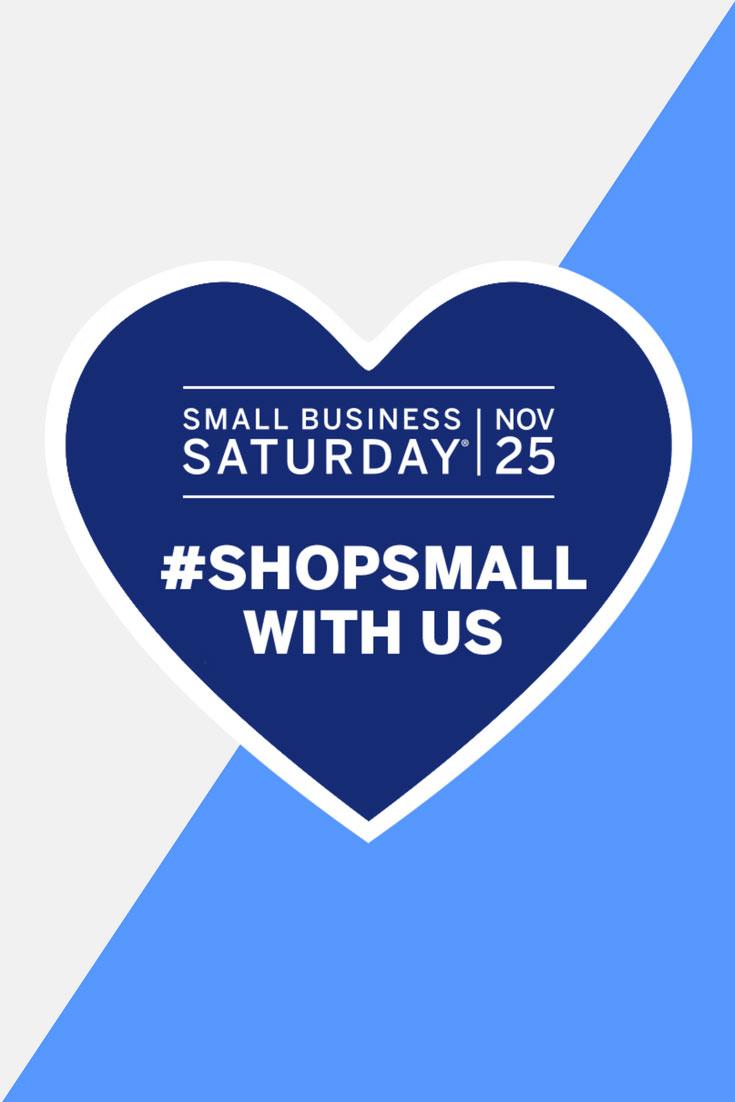 Small business saturday graphic, blue heart with the hashtag shopsmallwithus in the center
