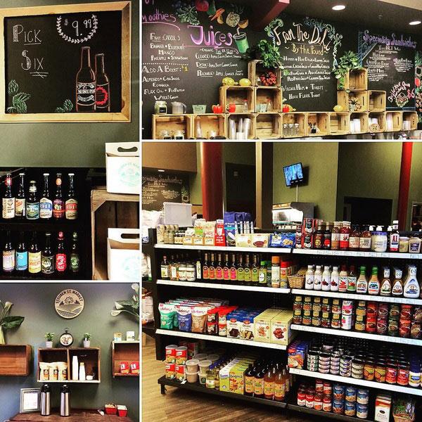 Collage of images showcasing the interior of the Stueben Street Market, including chalk board menus and fully stocked shelves. 