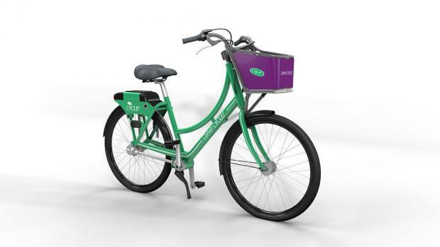 CDTA green and purple bicycle with a basket