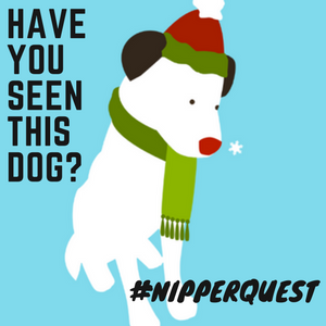 Graphic illustration of the white Nipper dog, wearing a green scarf and red winter hat. 
