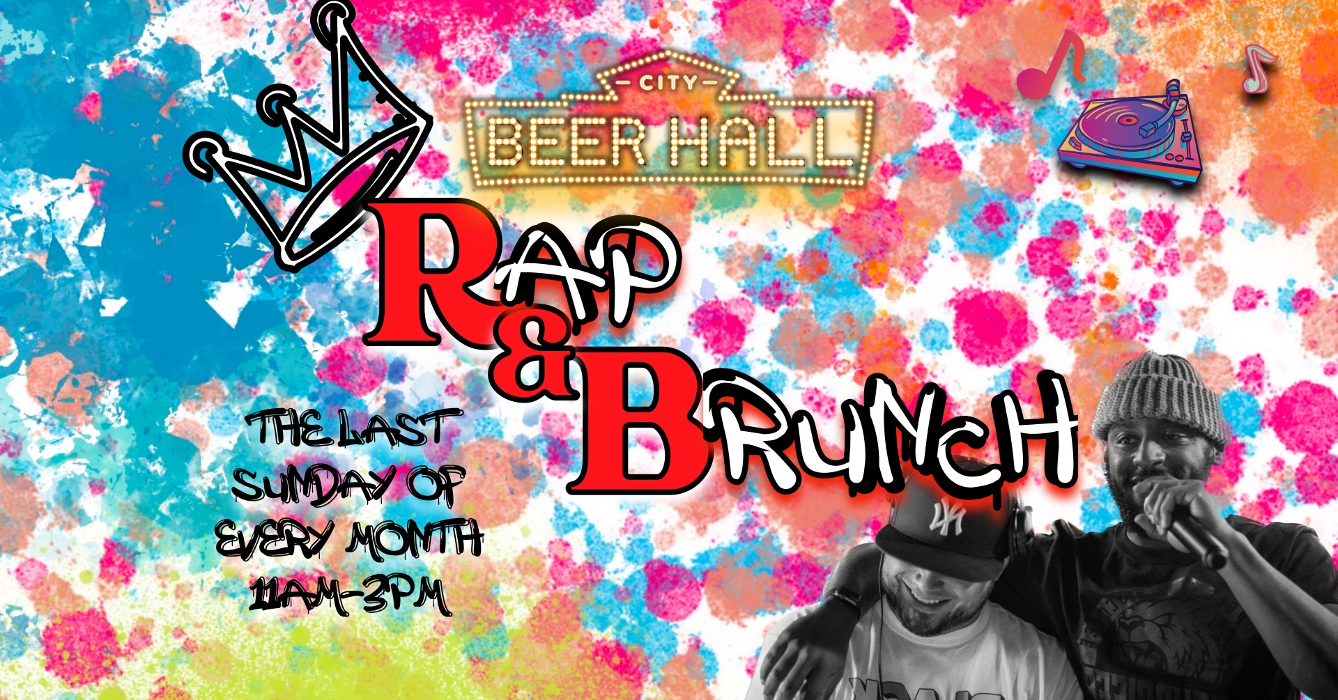 Graphic with City Beer Hall logo at top, and text Rap & Brunch, The Last Sunday of Every Month 11AM-3PM