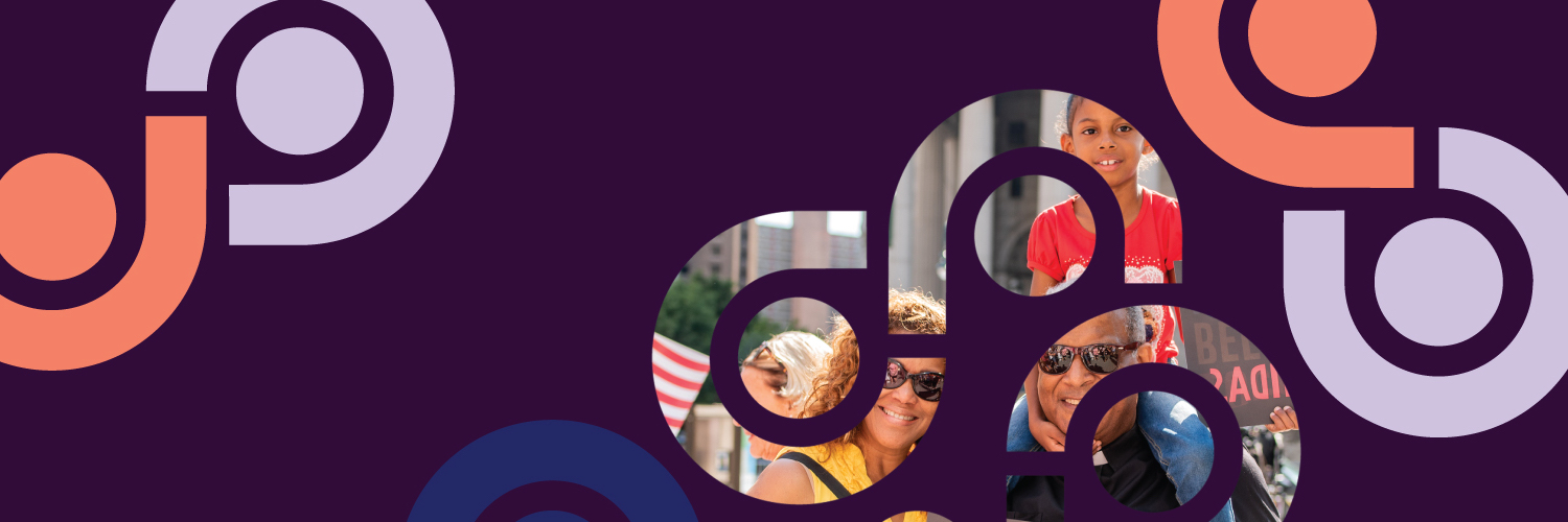 Graphic with purple background and swirling shapes with family photo shown