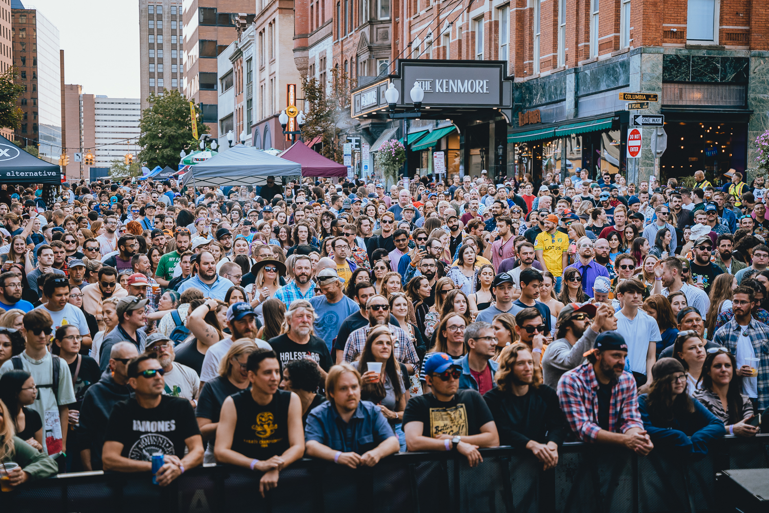 A large crowd gathers on N Pearl St in downtown Albany in front of PearlPalooza stage.