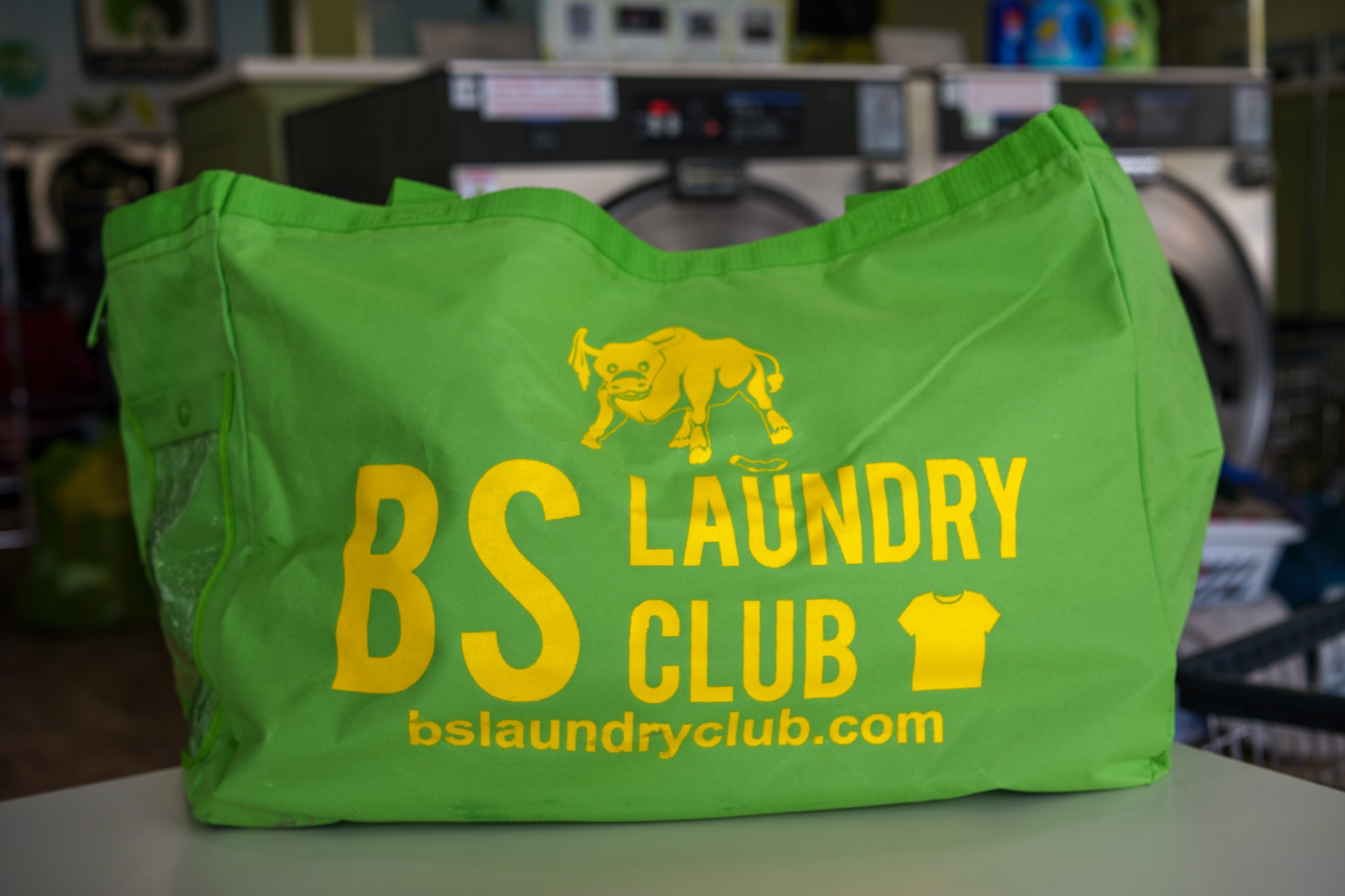 Image of green bag with yellow lettering reading "BS Laundry Club bslaundryclub.com" with bull and t-shirt icons also on bag