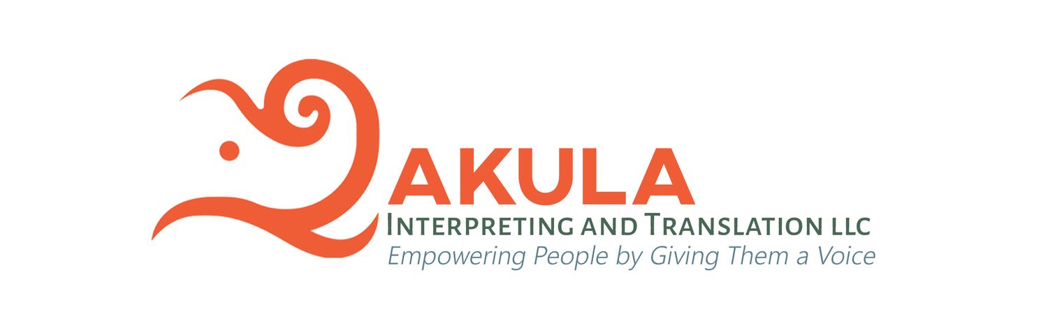 Logo in green and orange with elephant drawing at left. At right, text reads Akula Interpreting and Translation LLC Empowering People by Giving Them a Voice