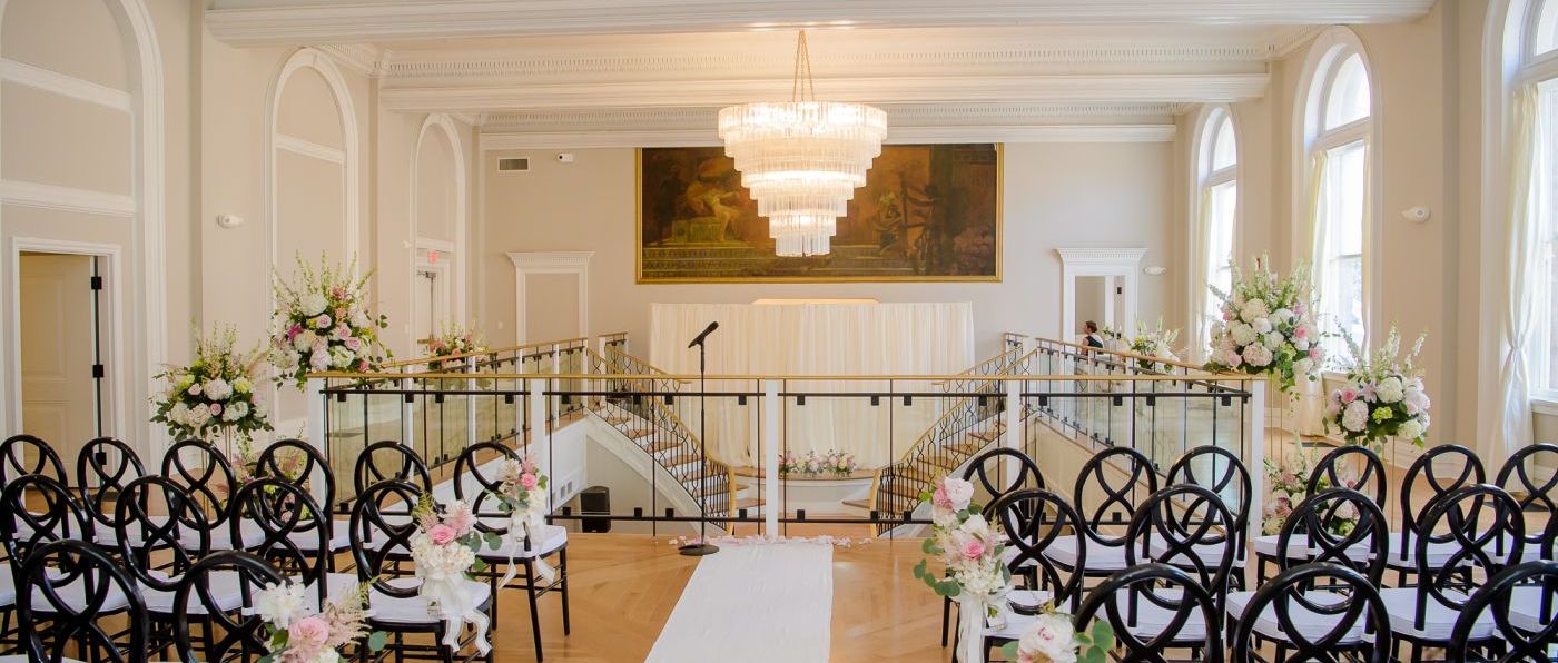 photo of wedding ceremony set up in Kenmore Ballroom