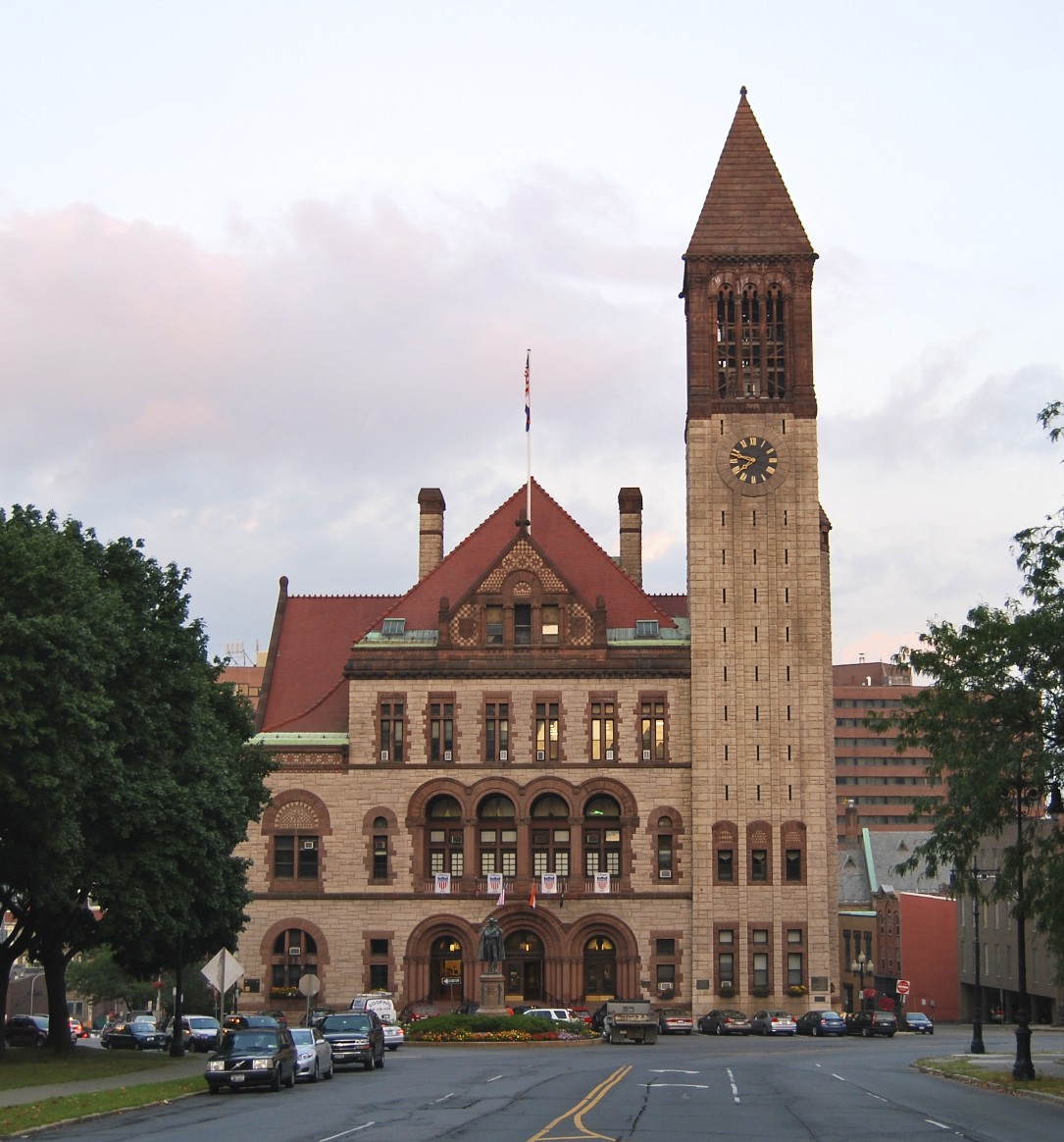 Albany City Hall building at twilight