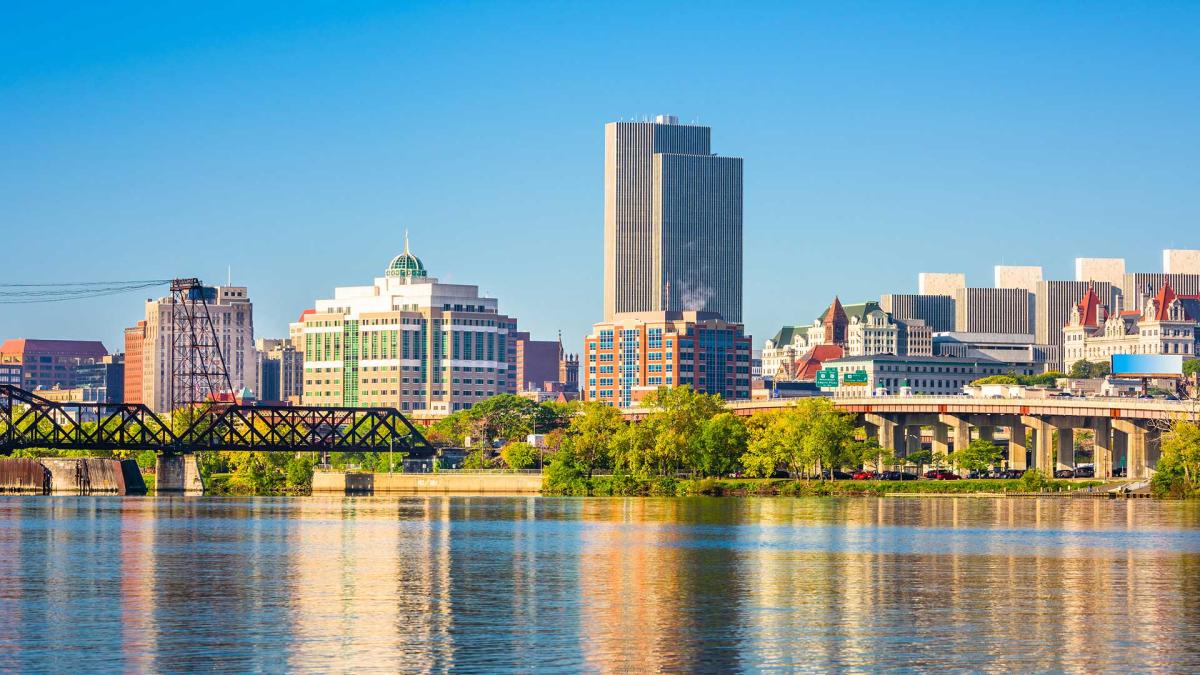 Skyline of Albany reflecting in Hudson River