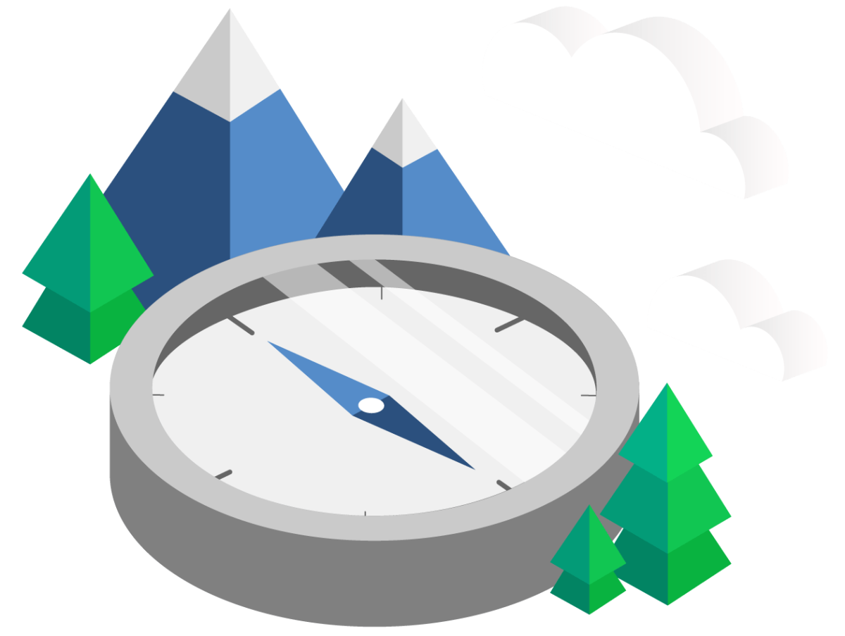 Illustration of compass, mountains, trees and clouds