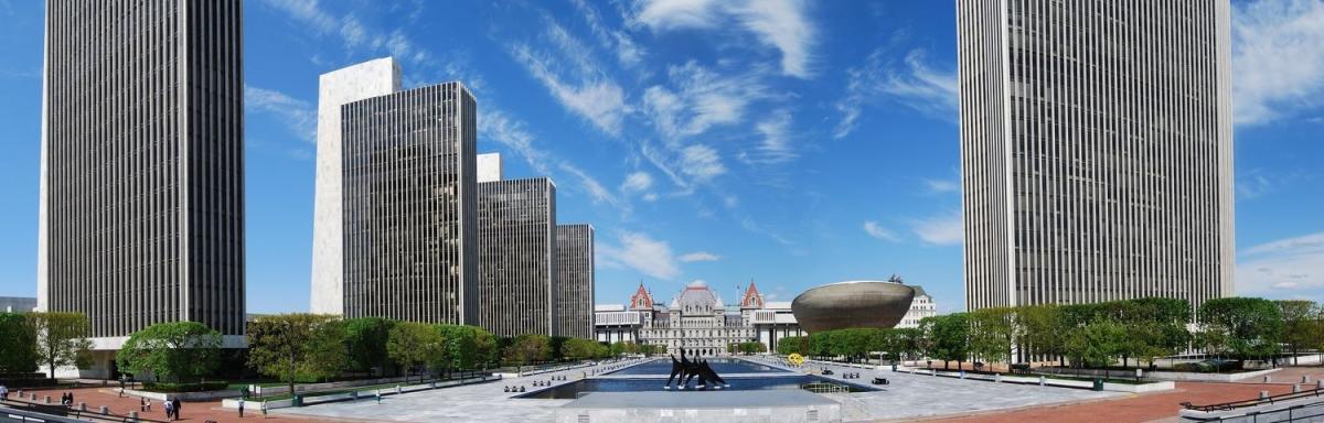 Empire State Plaza in Albany on sunny day with blue sky