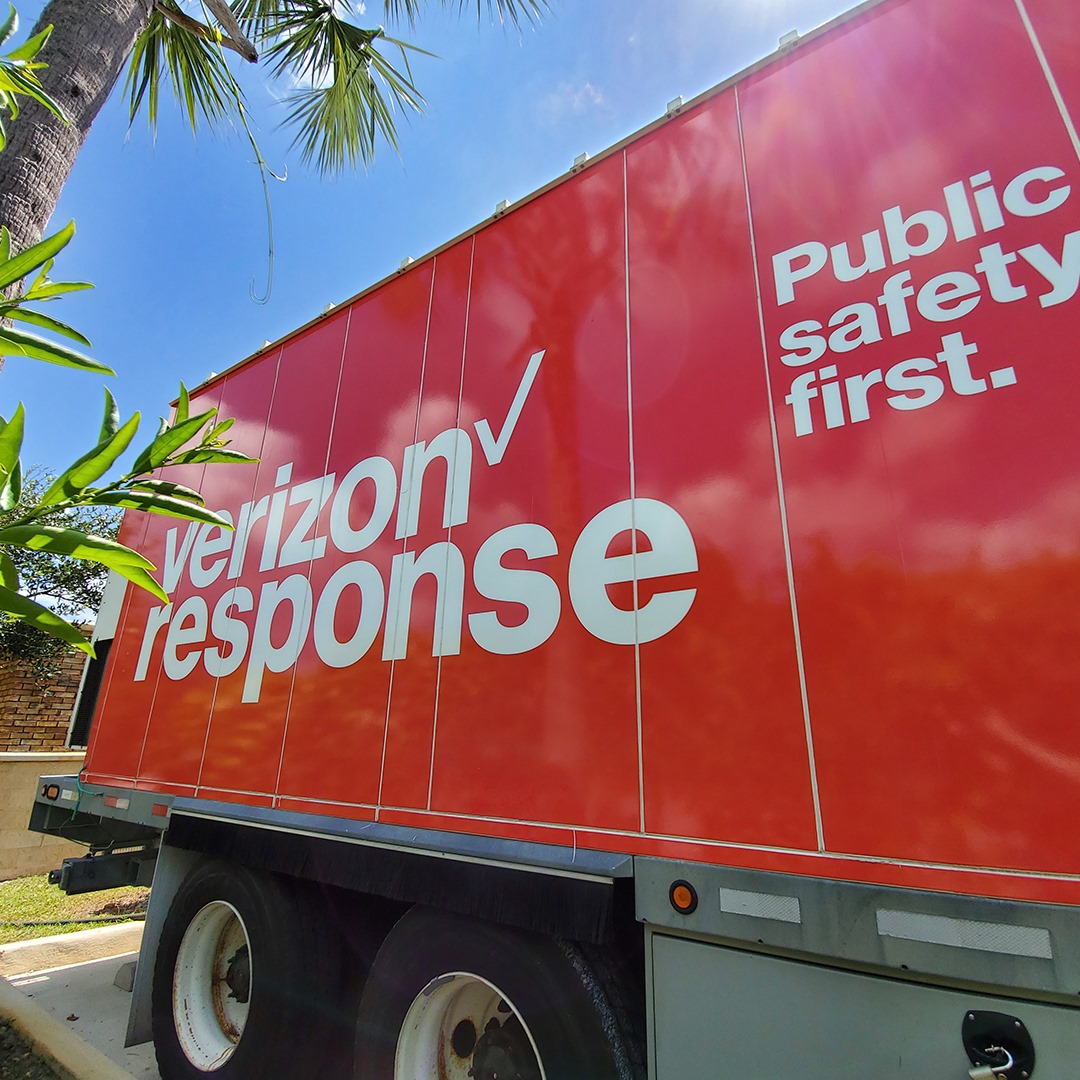 Tractor trailer with Verizon Response. Public safety first. printed on it