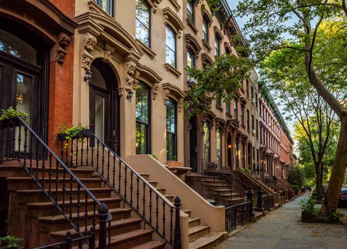 Brownstone block on a summer day