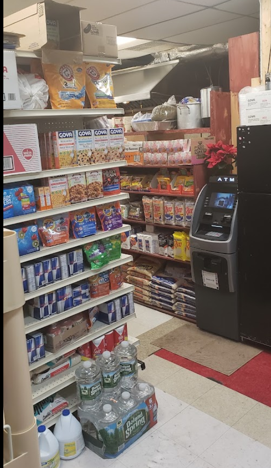 Grocery shelves, ATM inside market