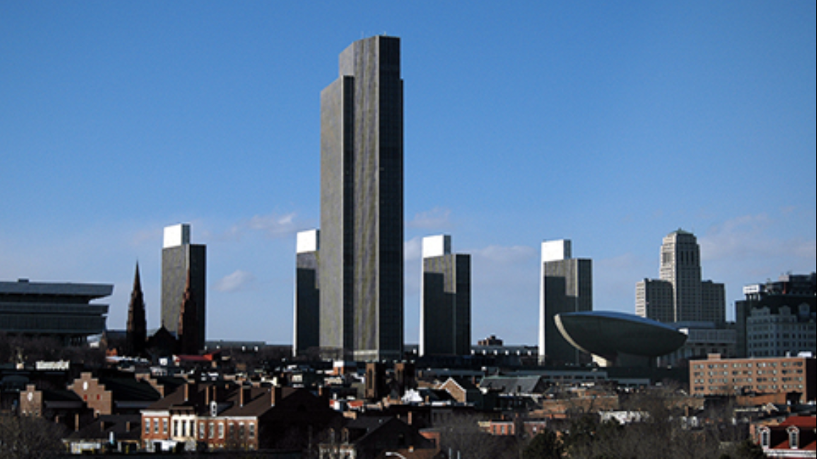 Empire State Plaza from east, showing Corning Tower, NYS Museum and The Egg