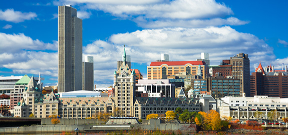 Albany skyline from Hudson river, brightly lit  and sunny