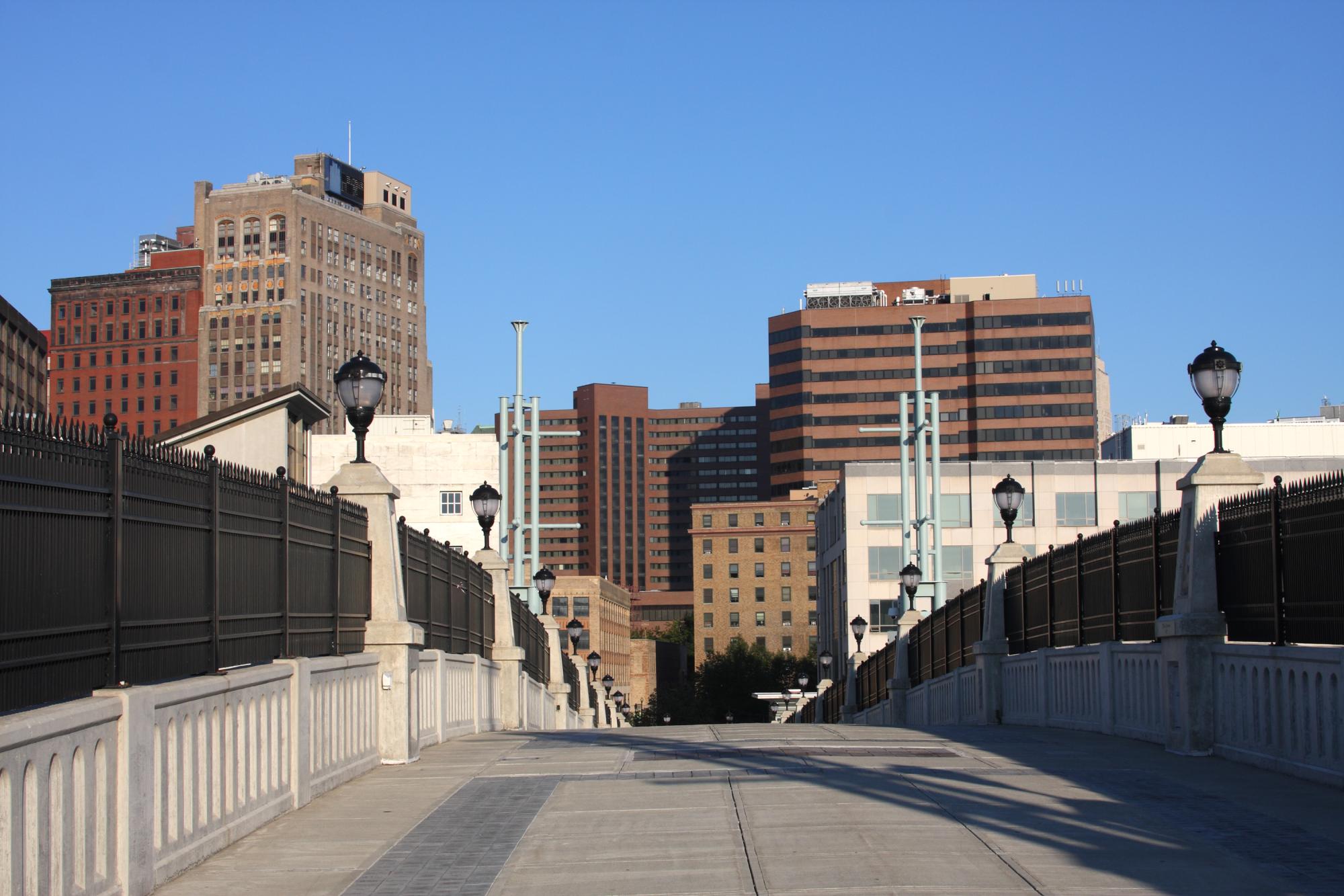 Downtown Albany office buildings as seen from the pedestrian bridge