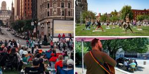 Three images shown. At left, people face an outdoor movie screen with a city street in background. At top right, people participate in an outdoor yoga class. At bottom right, a musician faces away while people sit at a park table and eat lunch.