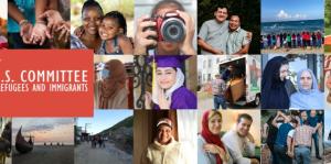 Collage of images in background with orange box at left with text reading "USCRI U.S. Committee for Refugees and Immigrants"