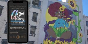 Cell phone graphic at left with podcast information on screen, and mural of black woman at right with sunflowers.