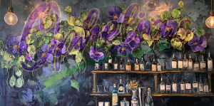 Painting of a bar with bottles on shelves and the word Ophelia's on wall