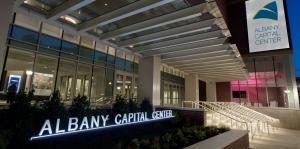 Exterior of Albany Capital Center lit up with sign