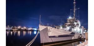 USS Slater ship docked at twilight