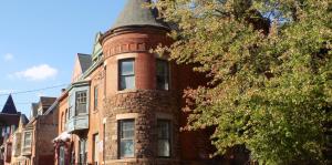 Brick building with a round turret 