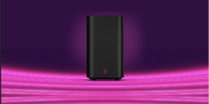 Router with magenta rays of light zooming behind it