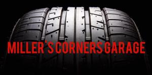 Millers Corner Garage text over dramatically lit tire tread