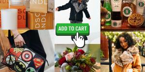 Composite image of multiple forms of shopping, from online checkout to in person, to bags, to gift cards