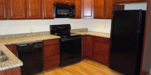 Kitchen View with counter top, cupboards, sink, stove, refrigerator, and dishwasher