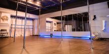Pole dancing fitness room shown with poles and mirrored walls