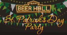 Graphic with string lights and green pendant banners hang in background with text "City Beer Hall" and "St. Patrick's Day Party" in foreground.
