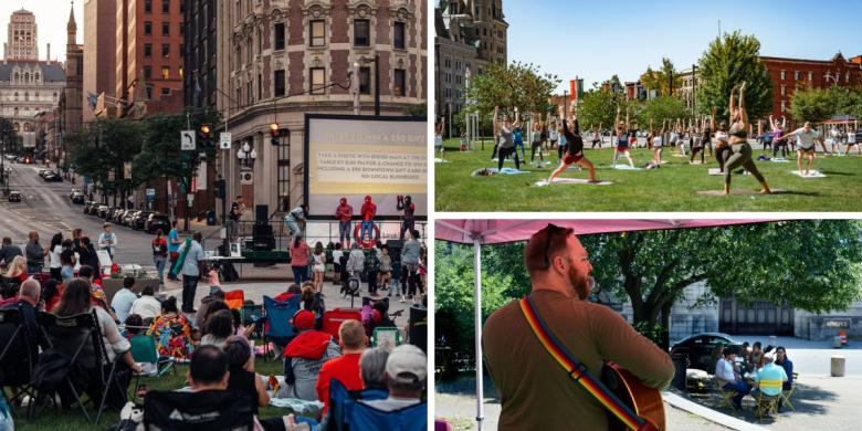 Three images shown. At left, people face an outdoor movie screen with a city street in background. At top right, people participate in an outdoor yoga class. At bottom right, a musician faces away while people sit at a park table and eat lunch.