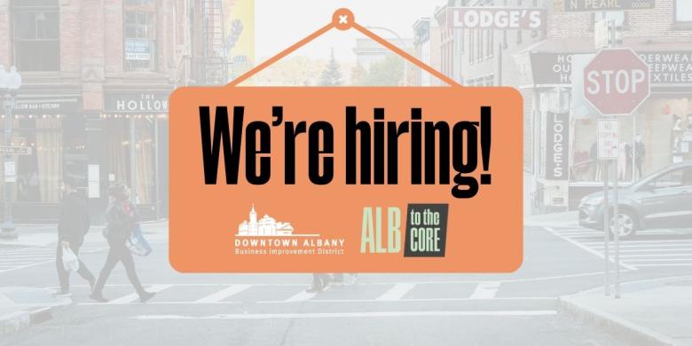 Streetscape image with "we're hiring" text overlay