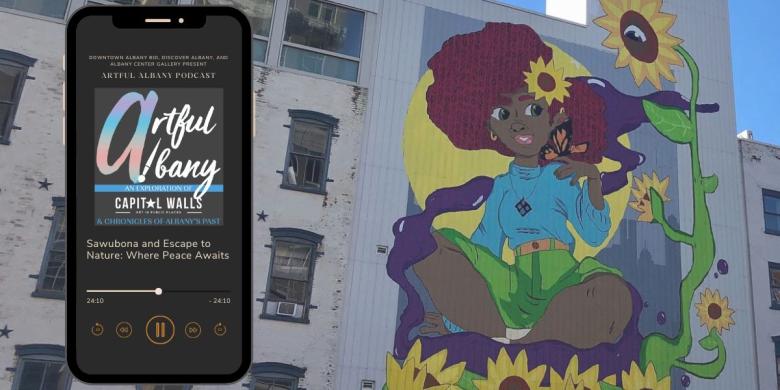Cell phone graphic at left with podcast information on screen, and mural of black woman at right with sunflowers.