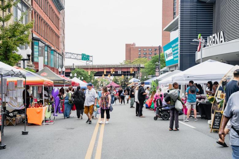 People gathered at the Albany County Farmers Market