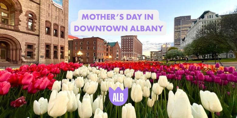 Tulip graphic with "Mother's Day in Downtown Albany" overlay
