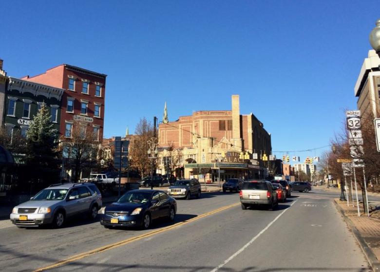 Clinton Square with the Palace Theatre in the background