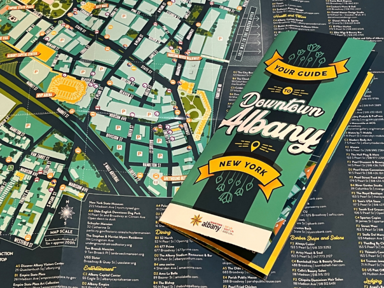 Illustrated trifold brochure of the Downtown Albany map