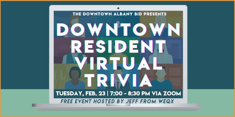 Digital flyer advertising the resident virtual trivia, with a vector illustration of a laptop with multiple anonymous heads on it to represent a video call background