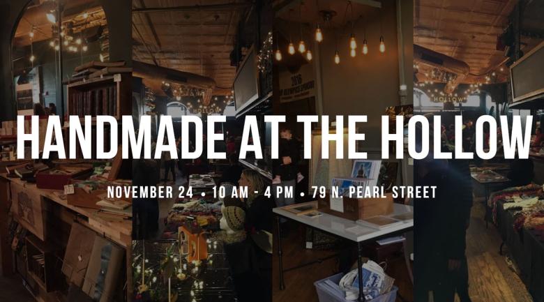 Interior view of a restaurant with the text "Handmade at the Hollow" over top