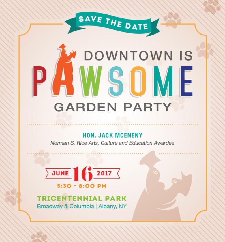 Downtown is Pawsome garden party flyer