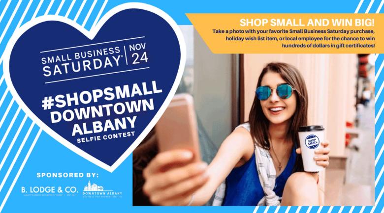 Small business saturday graphic, blue heart with the hashtag shopsmallwithus in the center