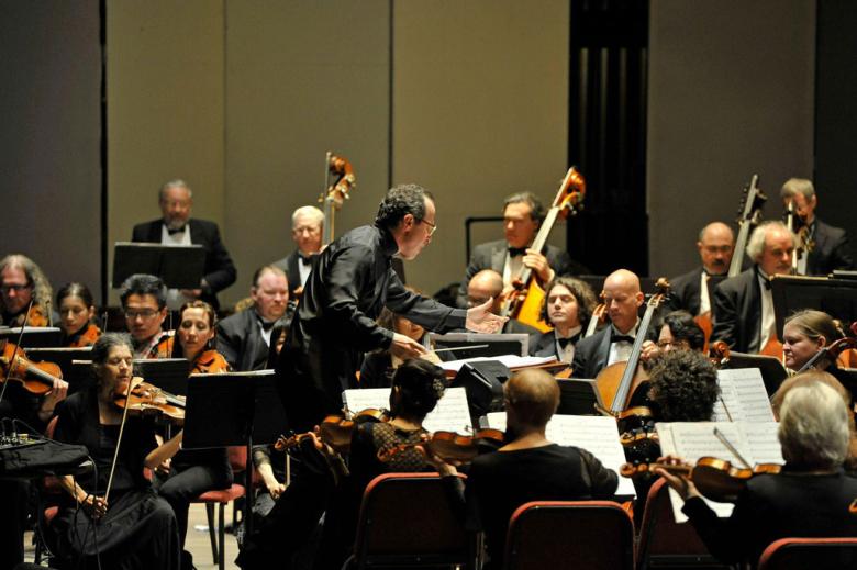 View from the edge of the ensemble, the Albany Symphony Orchestra in the middle of a performance